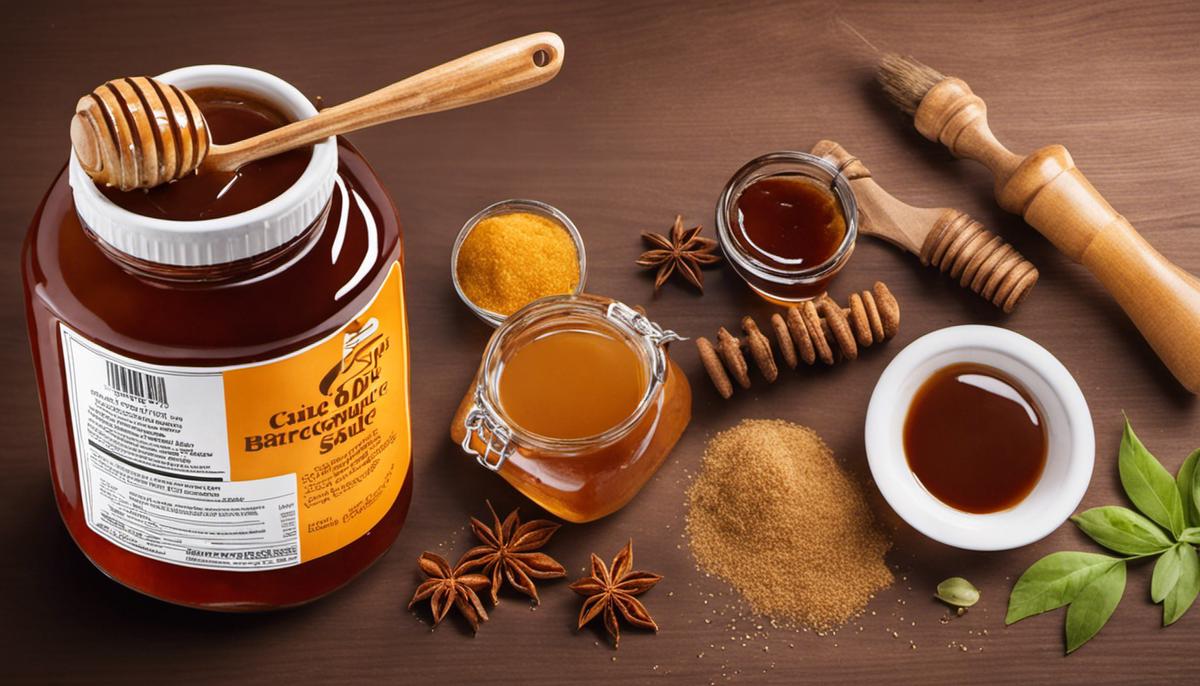 A jar of honey barbecue sauce with a brush, surrounded by ingredients like honey, brown sugar, and spices, representing the homemade sauce.