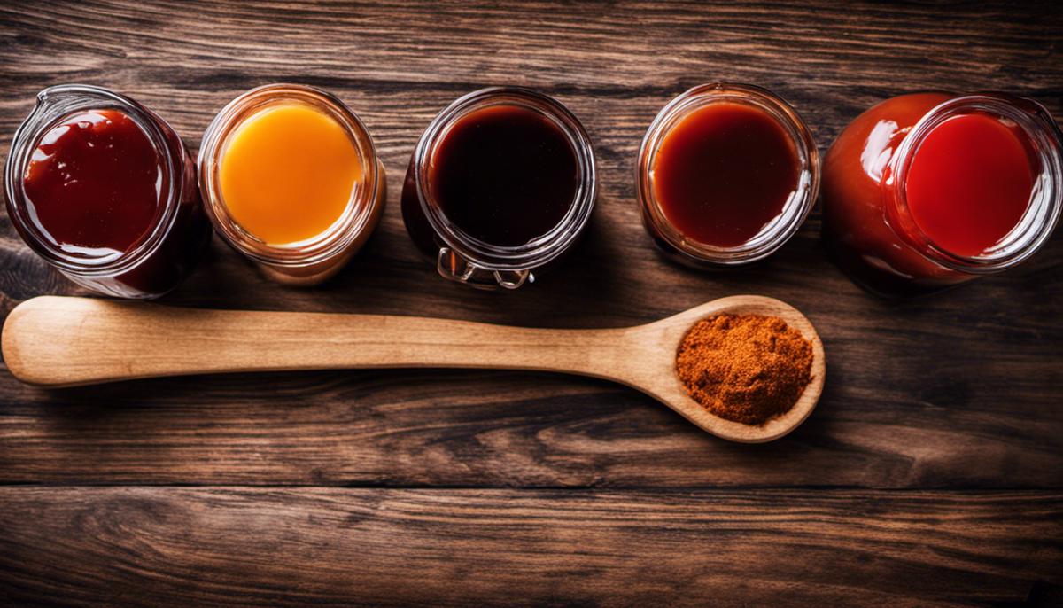 A close-up image of various BBQ sauce ingredients like ketchup, vinegar, sweeteners, and spices all arranged on a wooden cutting board.