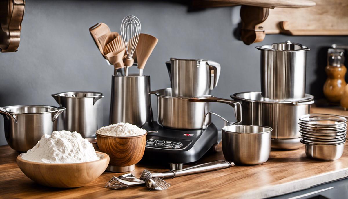 Various baking tools on a countertop, including measuring cups, a mixer, and a whisk.