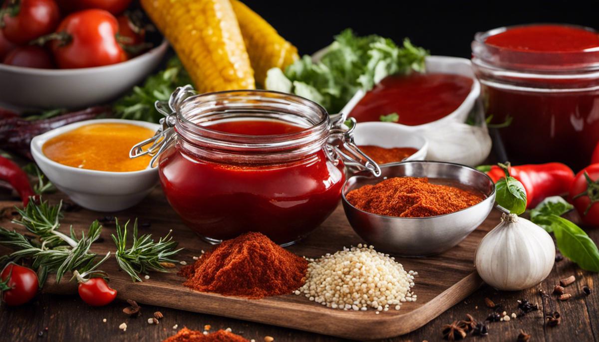 Various ingredients like ketchup, vinegar, sweeteners, and spices laid out on a table for making barbeque sauce.