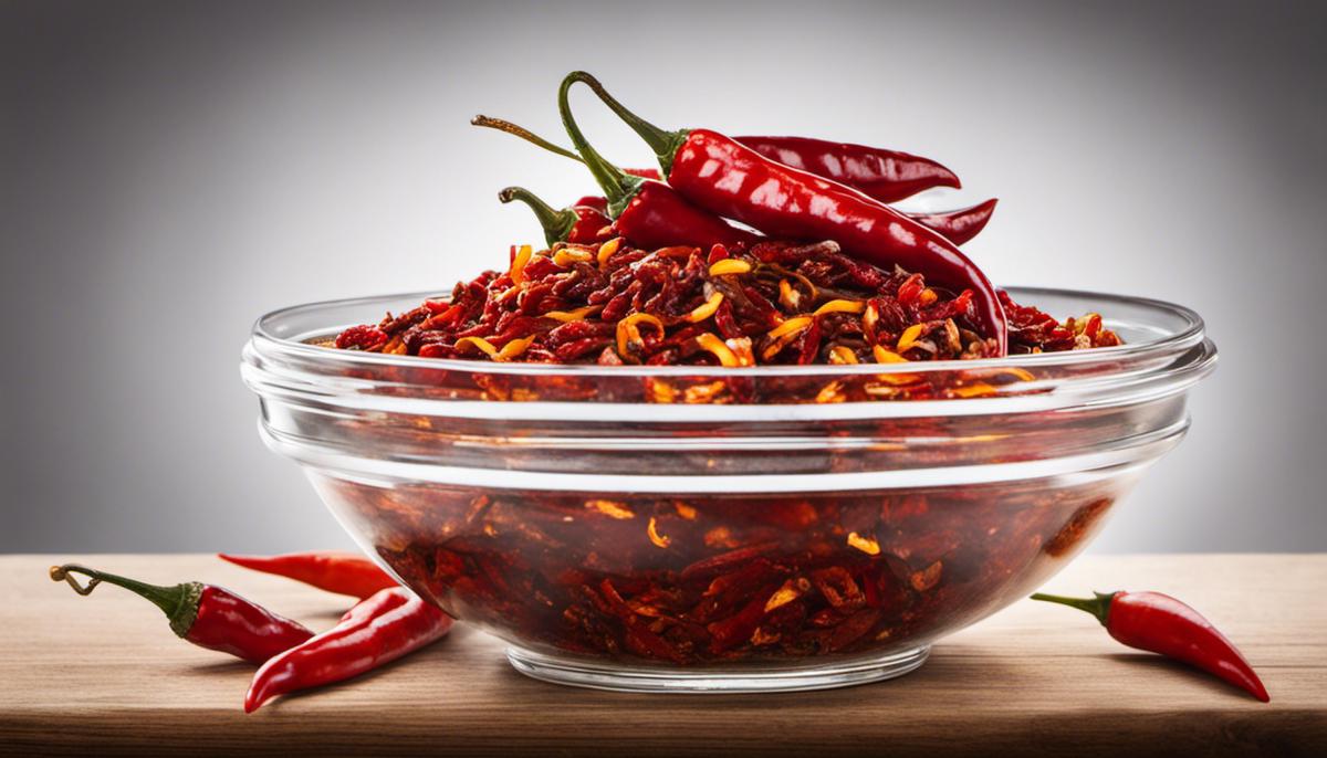 A bowl of chili oil with dried chili peppers floating on top, ready to spice up a meal.