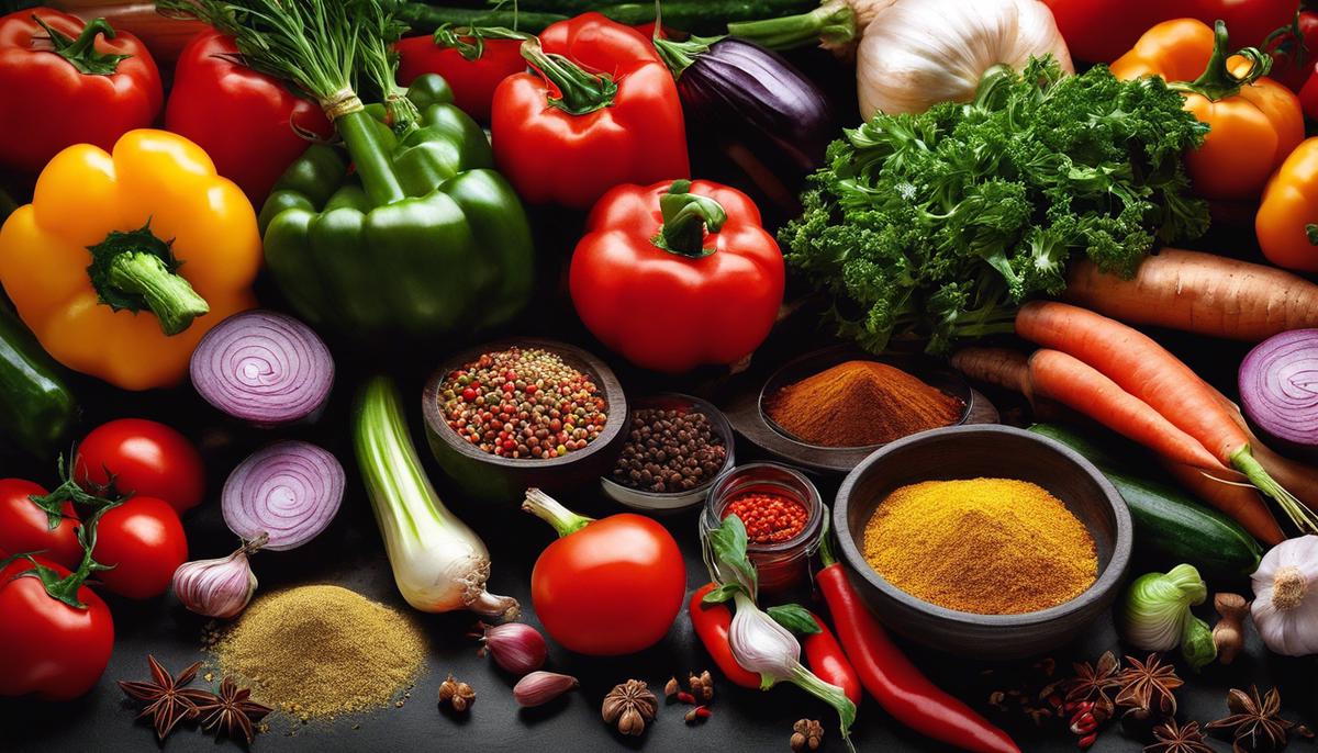 A colorful image of different types of vegetables and spices on a kitchen counter