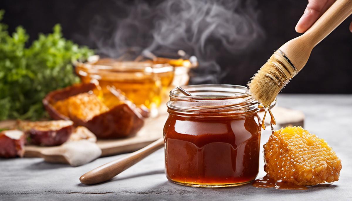 A jar of honey barbeque sauce with a brush on top, ready to be used in cooking.