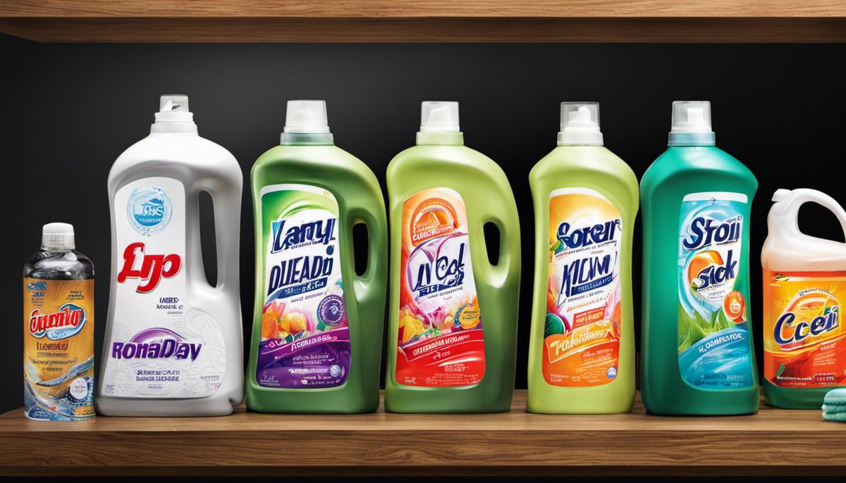 A selection of laundry detergents lined up on a shelf
