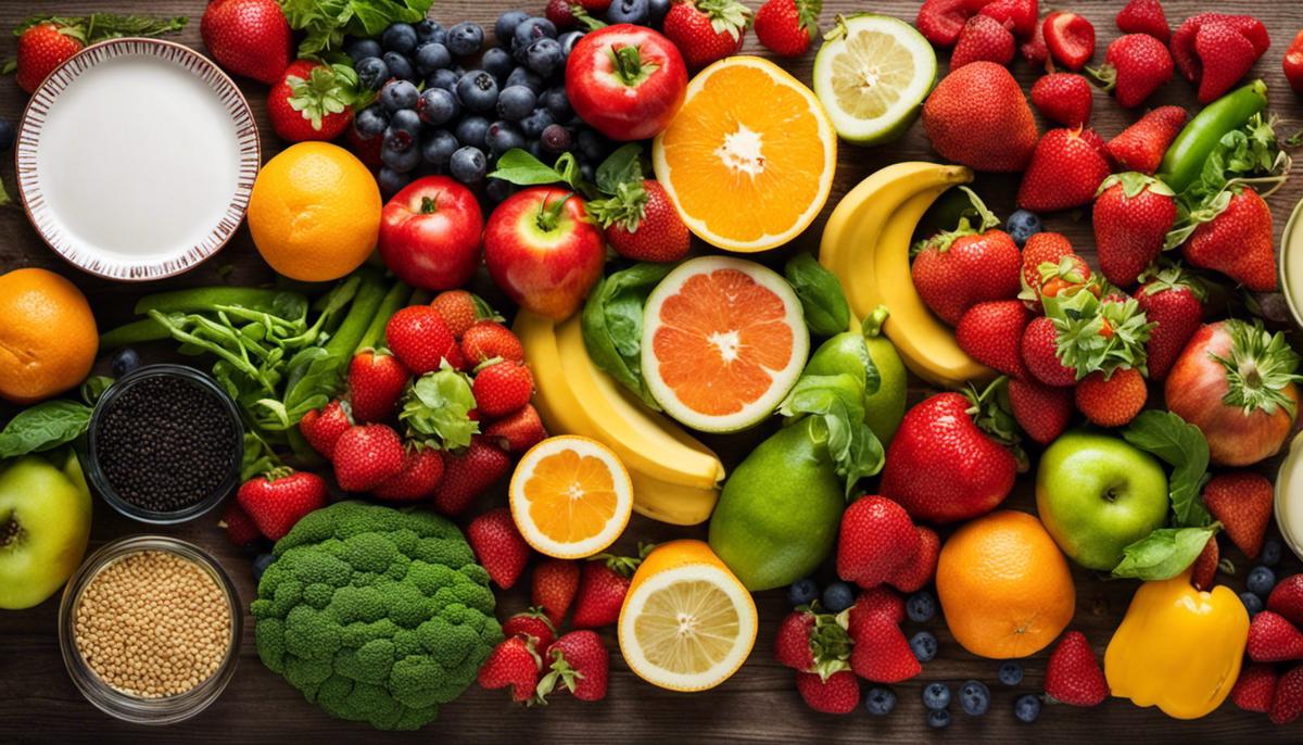A colorful plate filled with a variety of fruits, vegetables, grains, dairy, and protein, representing a balanced diet.