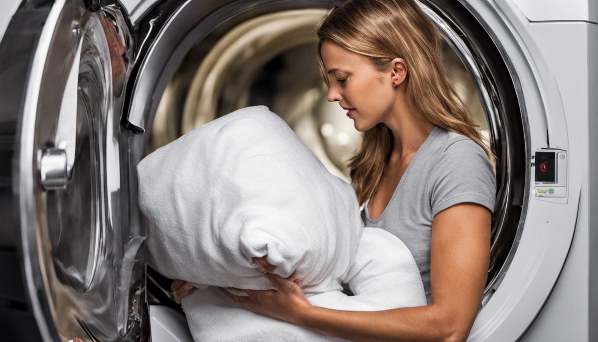 Image description: Woman washing pillows in a washing machine