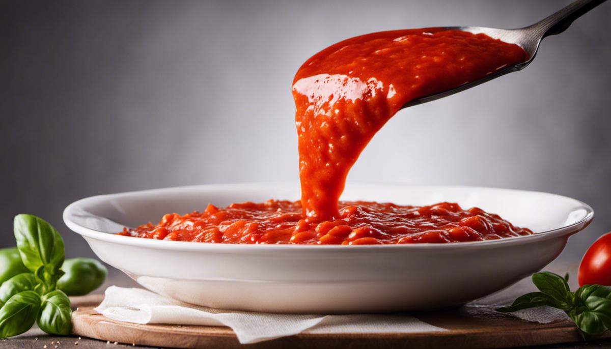 A bowl of tomato sauce being thickened, symbolizing the topic of thickeners in tomato sauce cooking.