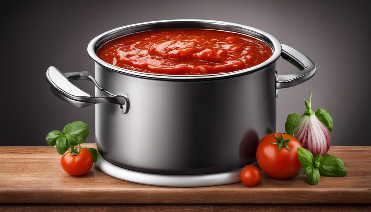 Image of a pot with simmering tomato sauce and a thickened sauce in a spoon